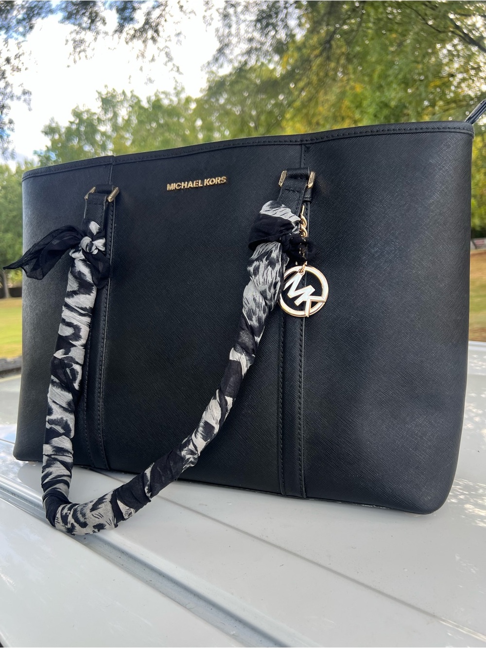 Michael Kors Black Saffiano Tote with Patterned Scarf Strap
